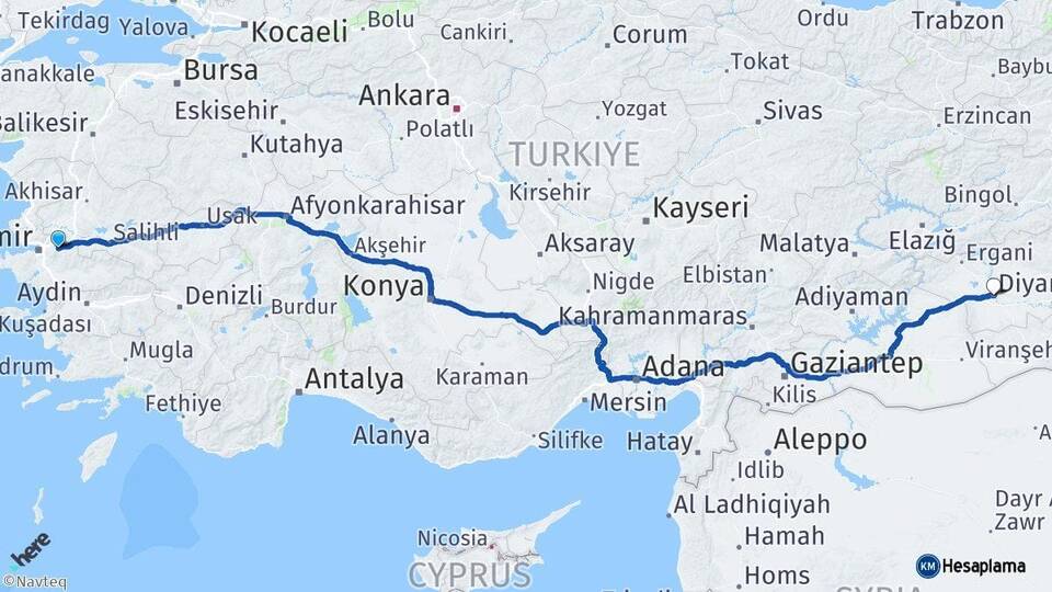 İzmir Kemalpaşa Diyarbakır Arası Kaç Km - Yol Haritası