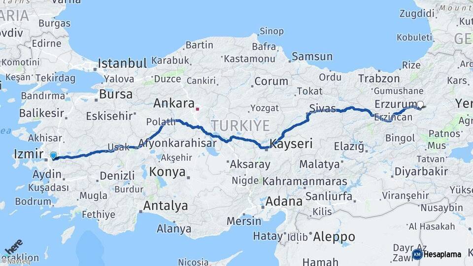 İzmir Kemalpaşa Erzurum Arası Kaç Km - Yol Haritası