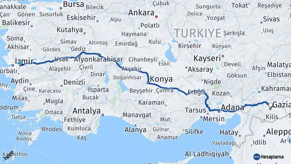 İzmir Kemalpaşa Gaziantep Arası Kaç Km - Yol Haritası