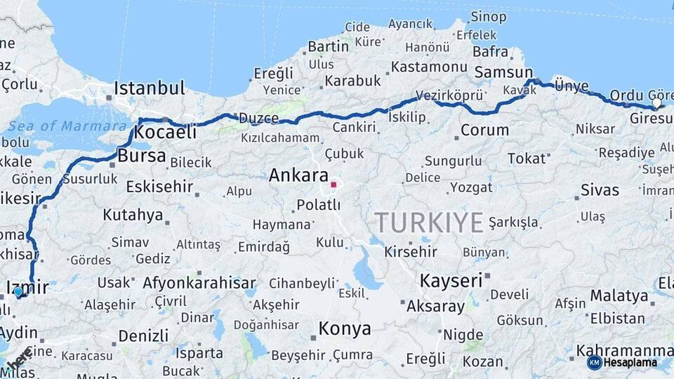 İzmir Kemalpaşa Giresun Arası Kaç Km - Yol Haritası