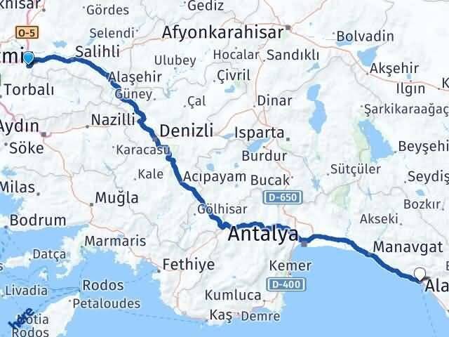 İzmir Kemalpaşa Halilbeyli Alanya Antalya Arası Kaç Km - Yol Haritası