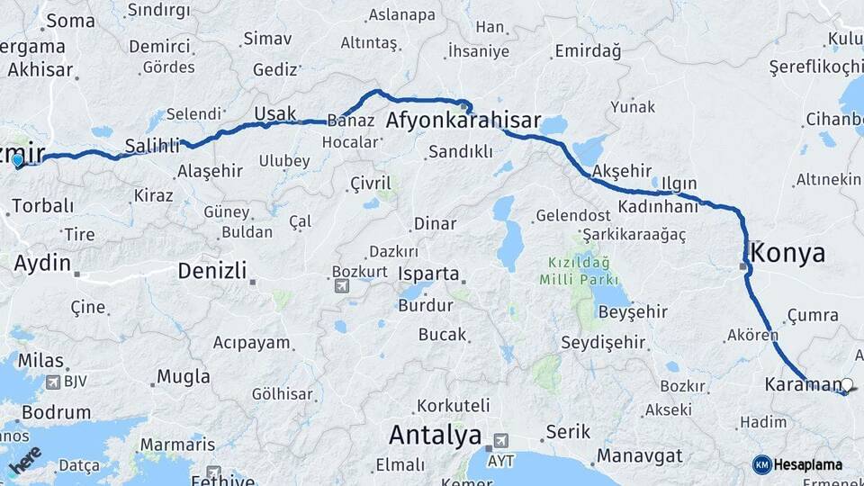 İzmir Kemalpaşa Karaman Arası Kaç Km - Yol Haritası