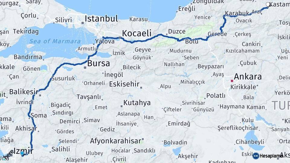 İzmir Kemalpaşa Kastamonu Arası Kaç Km - Yol Haritası