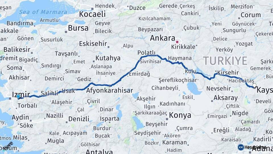İzmir Kemalpaşa Kayseri Arası Kaç Km - Yol Haritası