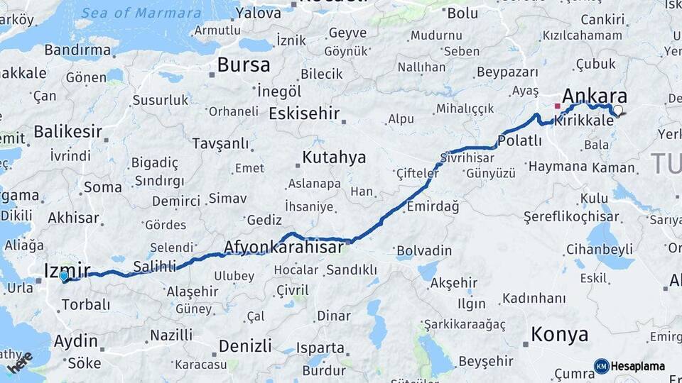 İzmir Kemalpaşa Kırıkkale Arası Kaç Km - Yol Haritası