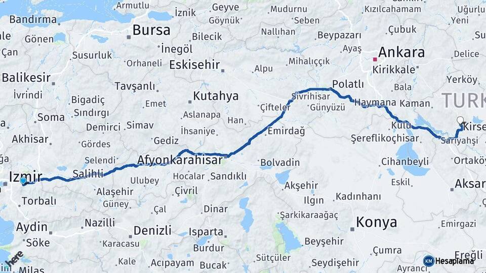 İzmir Kemalpaşa Kırşehir Arası Kaç Km - Yol Haritası