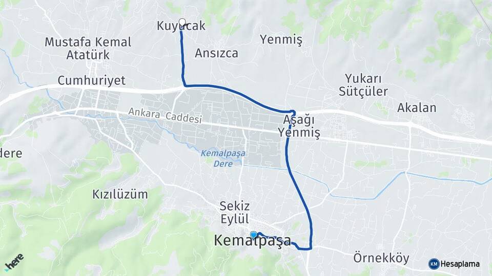 İzmir Kemalpaşa Kuyucak Kemalpaşa Arası Kaç Km - Yol Haritası