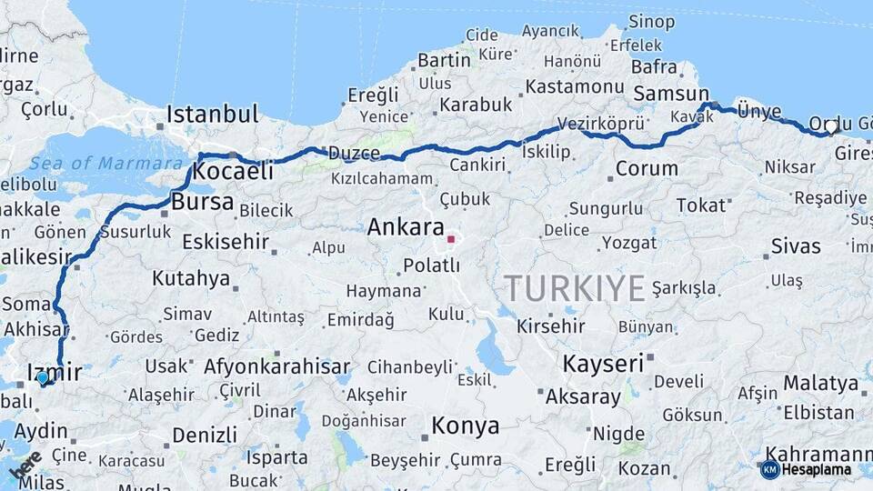 İzmir Kemalpaşa Ordu Arası Kaç Km - Yol Haritası
