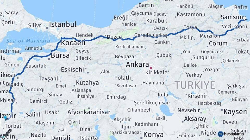 İzmir Kemalpaşa Samsun Arası Kaç Km - Yol Haritası