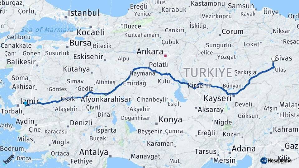 İzmir Kemalpaşa Sivas Arası Kaç Km - Yol Haritası