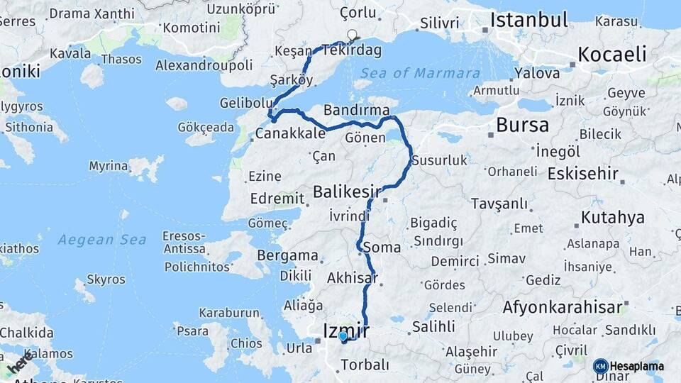İzmir Kemalpaşa Tekirdağ Arası Kaç Km - Yol Haritası