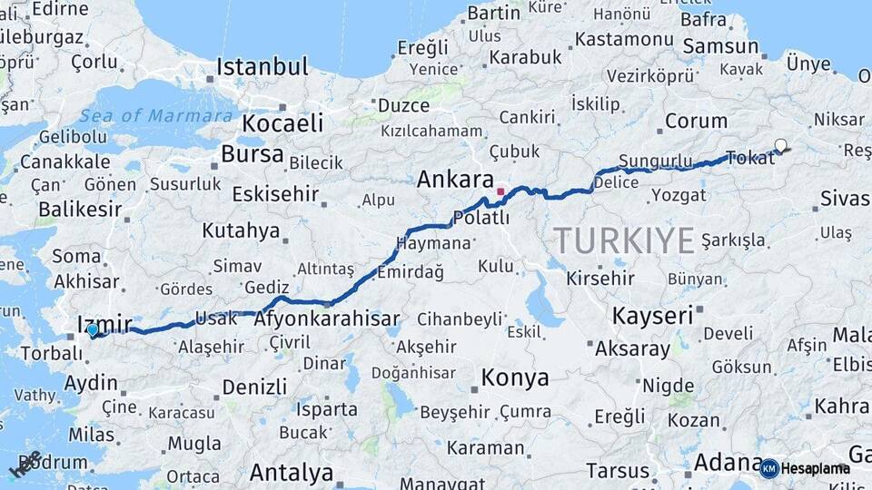 İzmir Kemalpaşa Tokat Arası Kaç Km - Yol Haritası