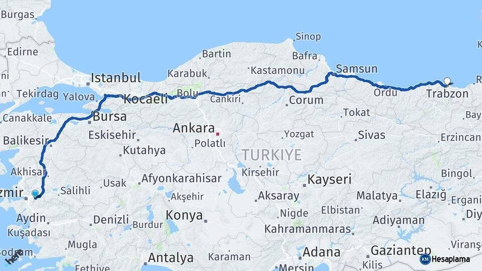 İzmir Kemalpaşa Trabzon Arası Kaç Km - Yol Haritası