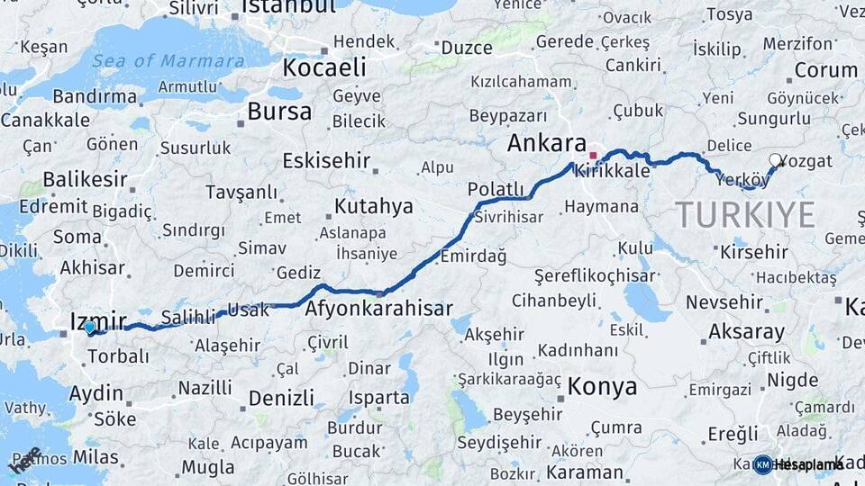 İzmir Kemalpaşa Yozgat Arası Kaç Km - Yol Haritası