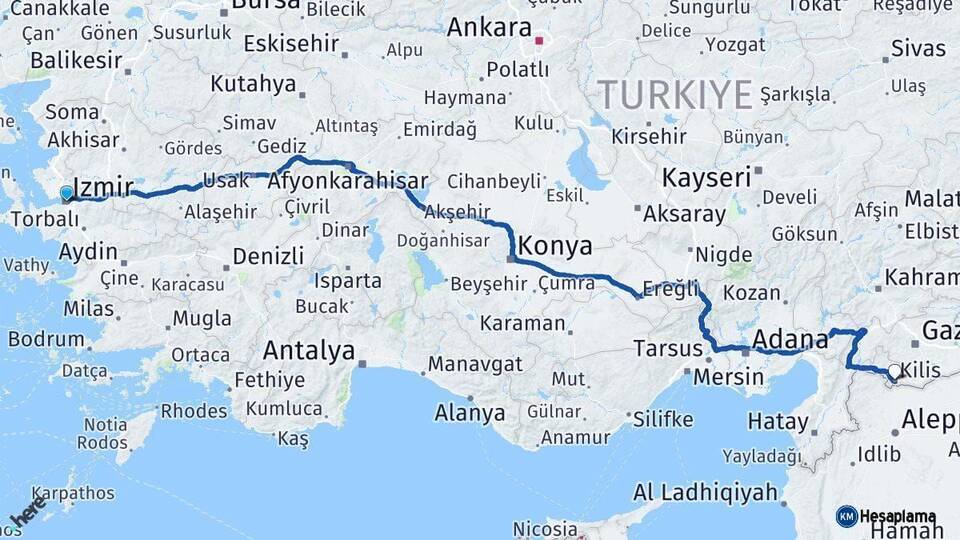 İzmir Kilis Arası Kaç Km - Yol Haritası