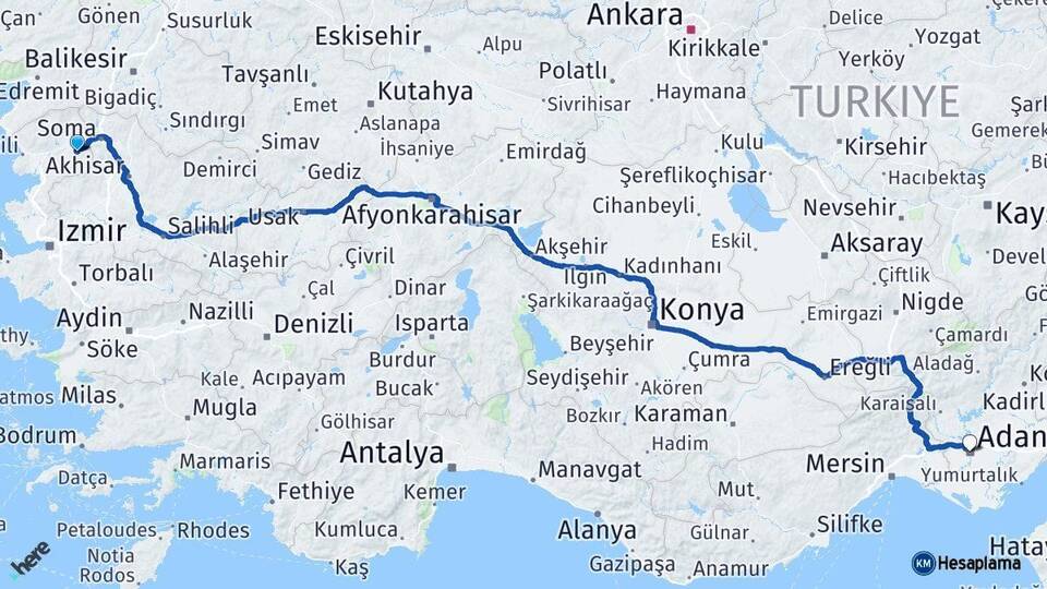İzmir Kınık Adana Arası Kaç Km - Yol Haritası