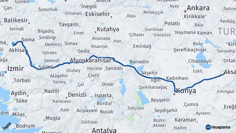 İzmir Kınık Aksaray Arası Kaç Km - Yol Haritası