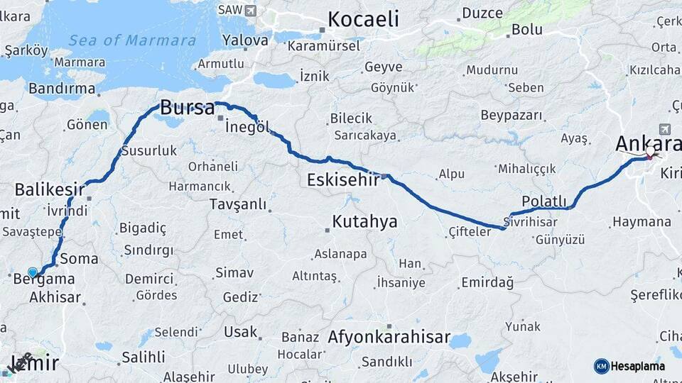 İzmir Kınık Ankara Arası Kaç Km - Yol Haritası