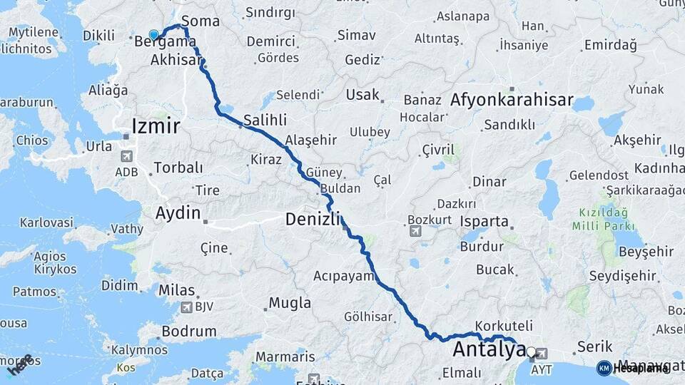 İzmir Kınık Antalya Arası Kaç Km - Yol Haritası
