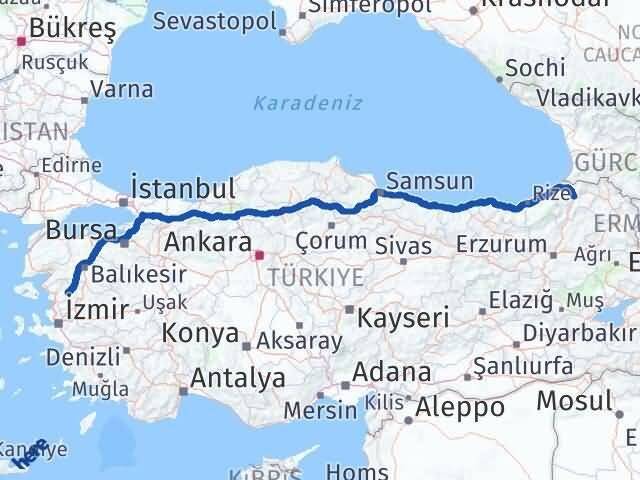 İzmir Kınık Artvin Arası Kaç Km - Yol Haritası