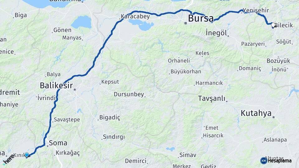 İzmir Kınık Bilecik Arası Kaç Km - Yol Haritası