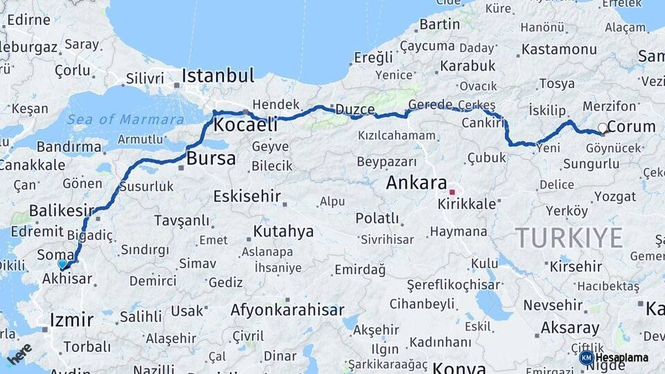 İzmir Kınık Çorum Arası Kaç Km - Yol Haritası