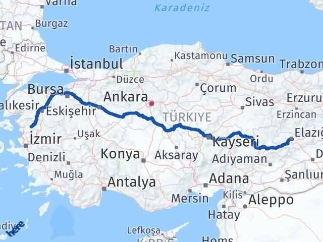 İzmir Kınık Elazığ Arası Kaç Km - Yol Haritası