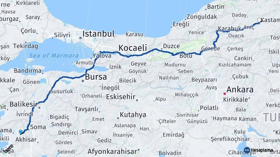 İzmir Kınık Kastamonu Arası Kaç Km - Yol Haritası