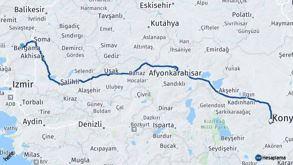 İzmir Kınık Konya Arası Kaç Km - Yol Haritası