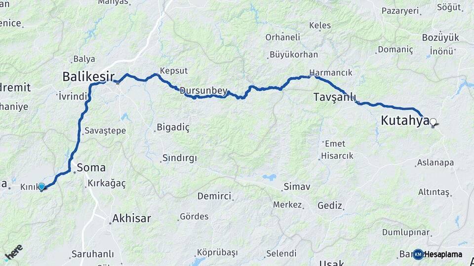 İzmir Kınık Kütahya Arası Kaç Km - Yol Haritası