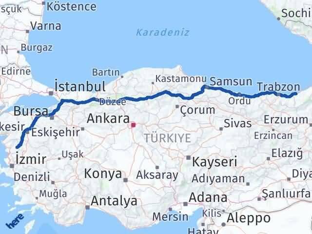 İzmir Kınık Rize Arası Kaç Km - Yol Haritası