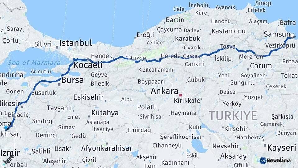 İzmir Kınık Samsun Arası Kaç Km - Yol Haritası