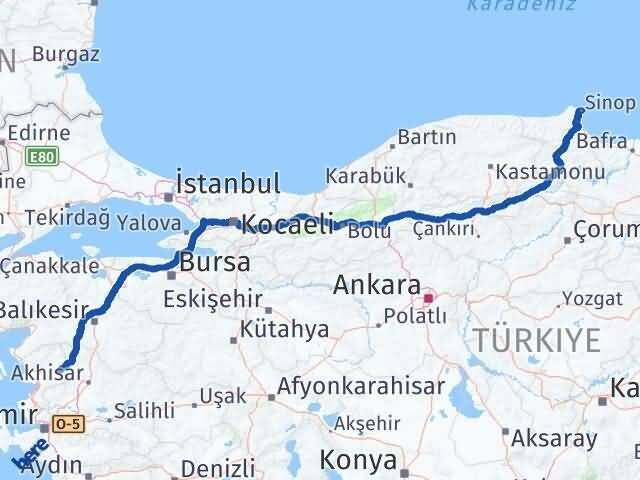 İzmir Kınık Sinop Arası Kaç Km - Yol Haritası