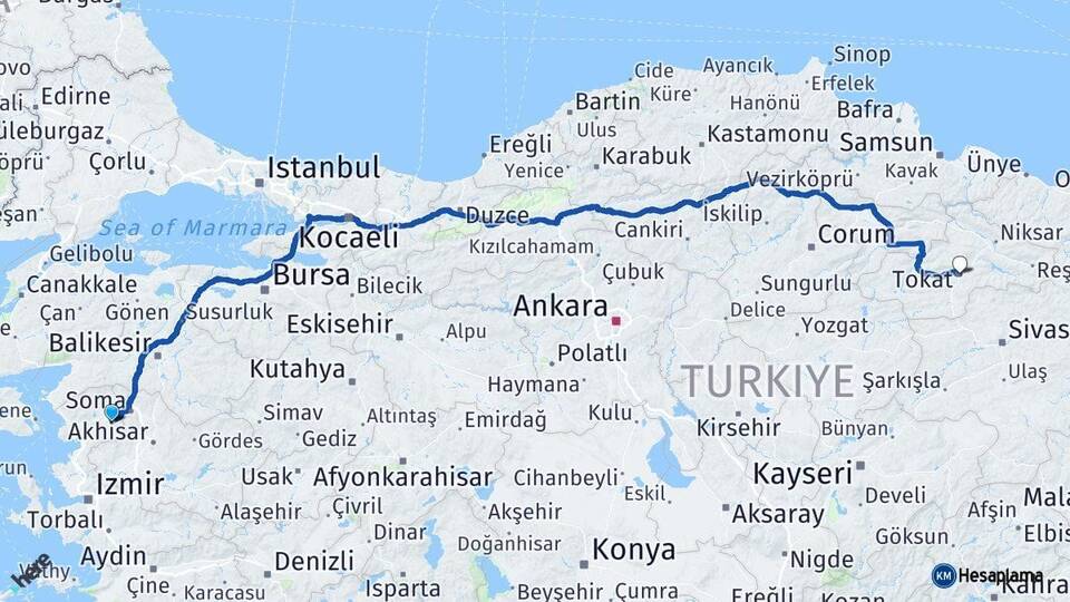 İzmir Kınık Tokat Arası Kaç Km - Yol Haritası