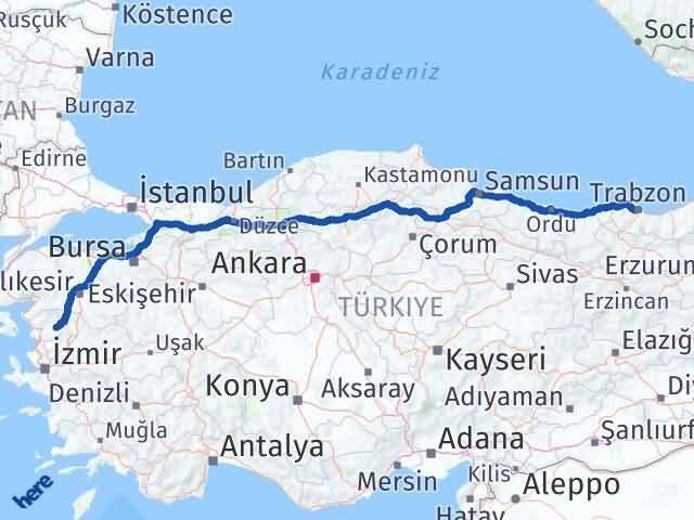 İzmir Kınık Trabzon Arası Kaç Km - Yol Haritası