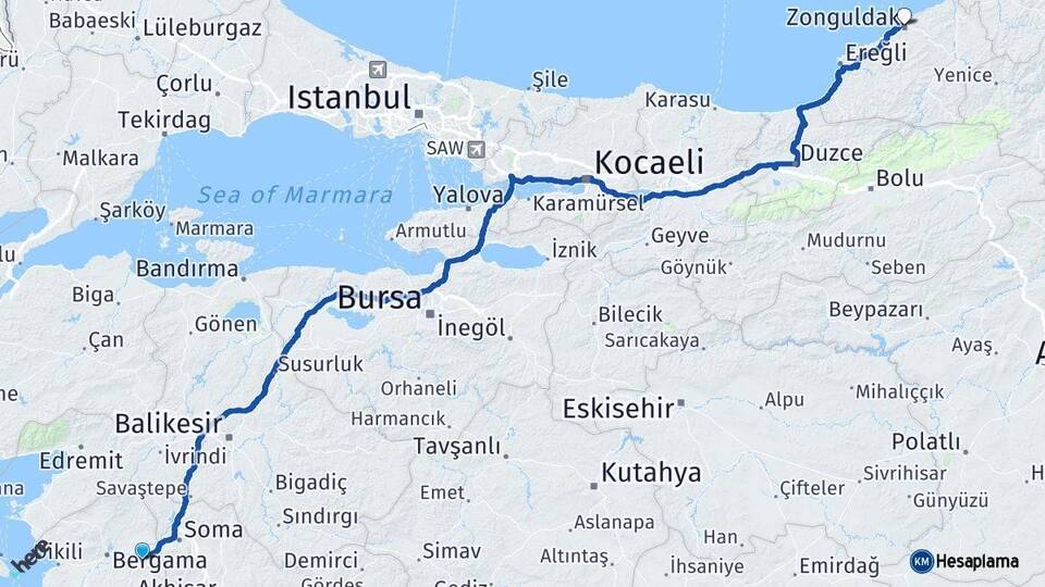 İzmir Kınık Zonguldak Arası Kaç Km - Yol Haritası