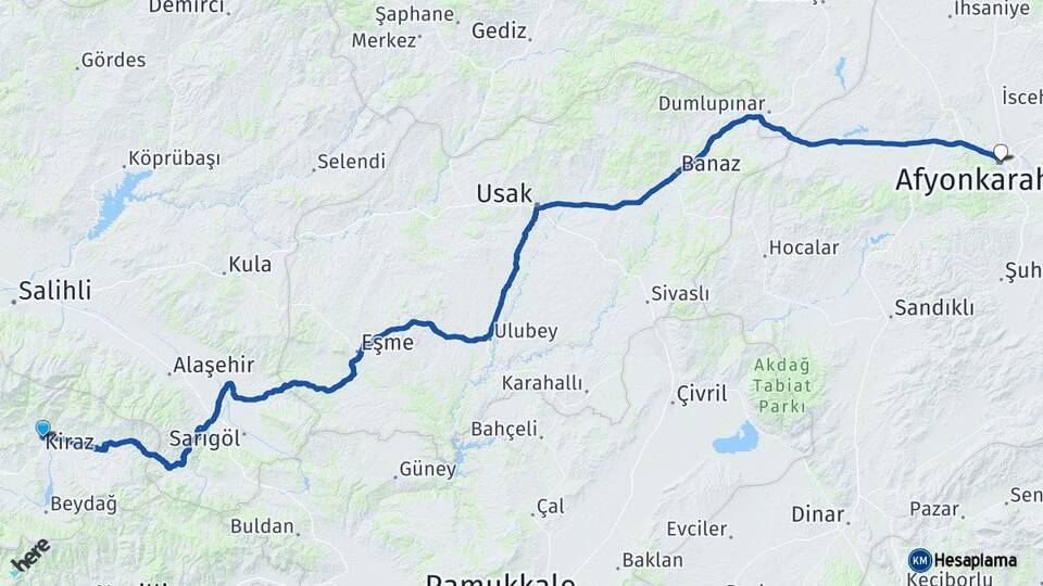 İzmir Kiraz Afyonkarahisar Arası Kaç Km - Yol Haritası