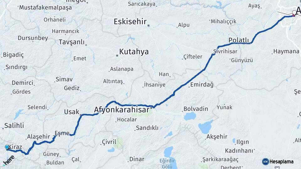 İzmir Kiraz Ankara Arası Kaç Km - Yol Haritası