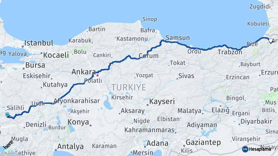 İzmir Kiraz Artvin Arası Kaç Km - Yol Haritası