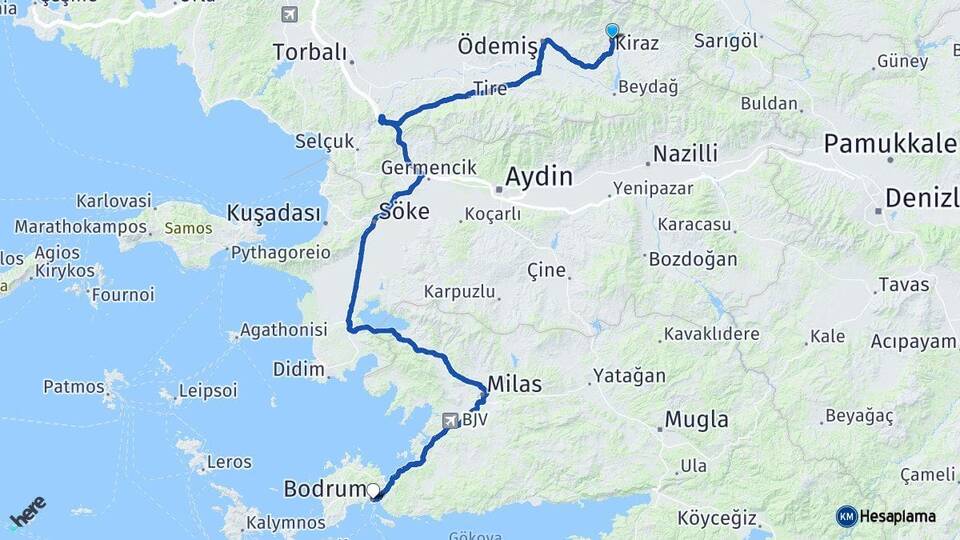 İzmir Kiraz Bodrum Muğla Arası Kaç Km - Yol Haritası
