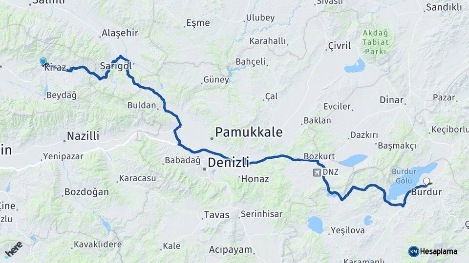 İzmir Kiraz Burdur Arası Kaç Km - Yol Haritası