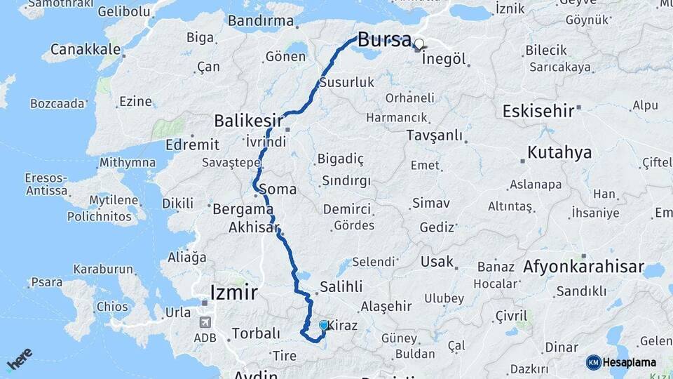 İzmir Kiraz Bursa Arası Kaç Km - Yol Haritası