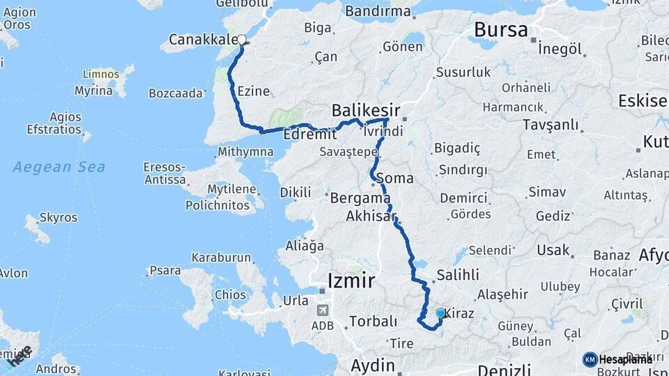 İzmir Kiraz Çanakkale Arası Kaç Km - Yol Haritası