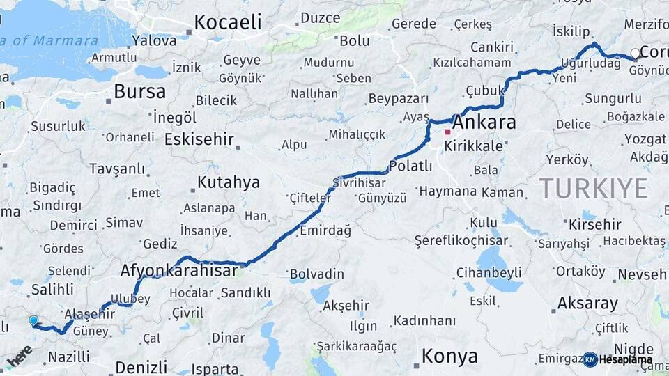 İzmir Kiraz Çorum Arası Kaç Km - Yol Haritası