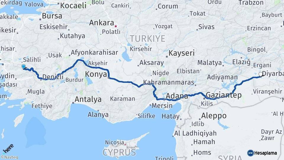 İzmir Kiraz Diyarbakır Arası Kaç Km - Yol Haritası