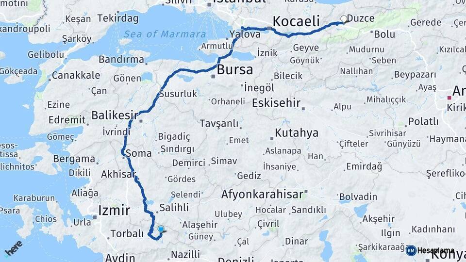 İzmir Kiraz Düzce Arası Kaç Km - Yol Haritası