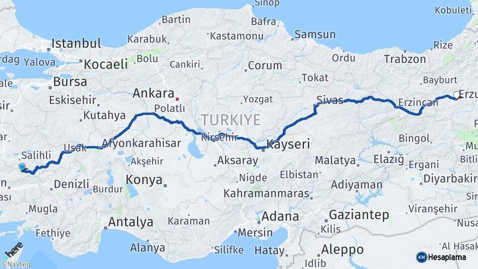 İzmir Kiraz Erzurum Arası Kaç Km - Yol Haritası