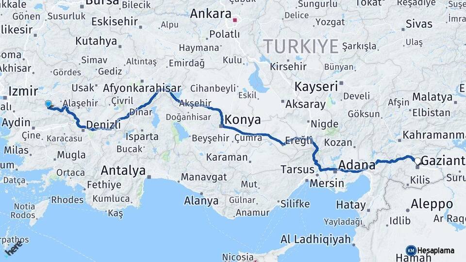 İzmir Kiraz Gaziantep Arası Kaç Km - Yol Haritası