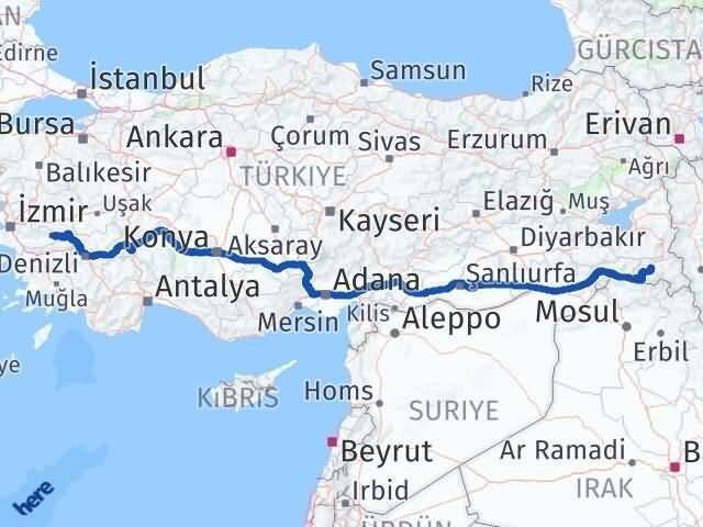 İzmir Kiraz Hakkari Arası Kaç Km - Yol Haritası