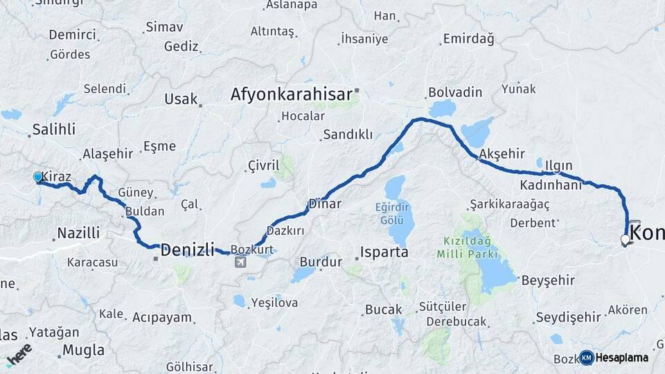 İzmir Kiraz Konya Arası Kaç Km - Yol Haritası